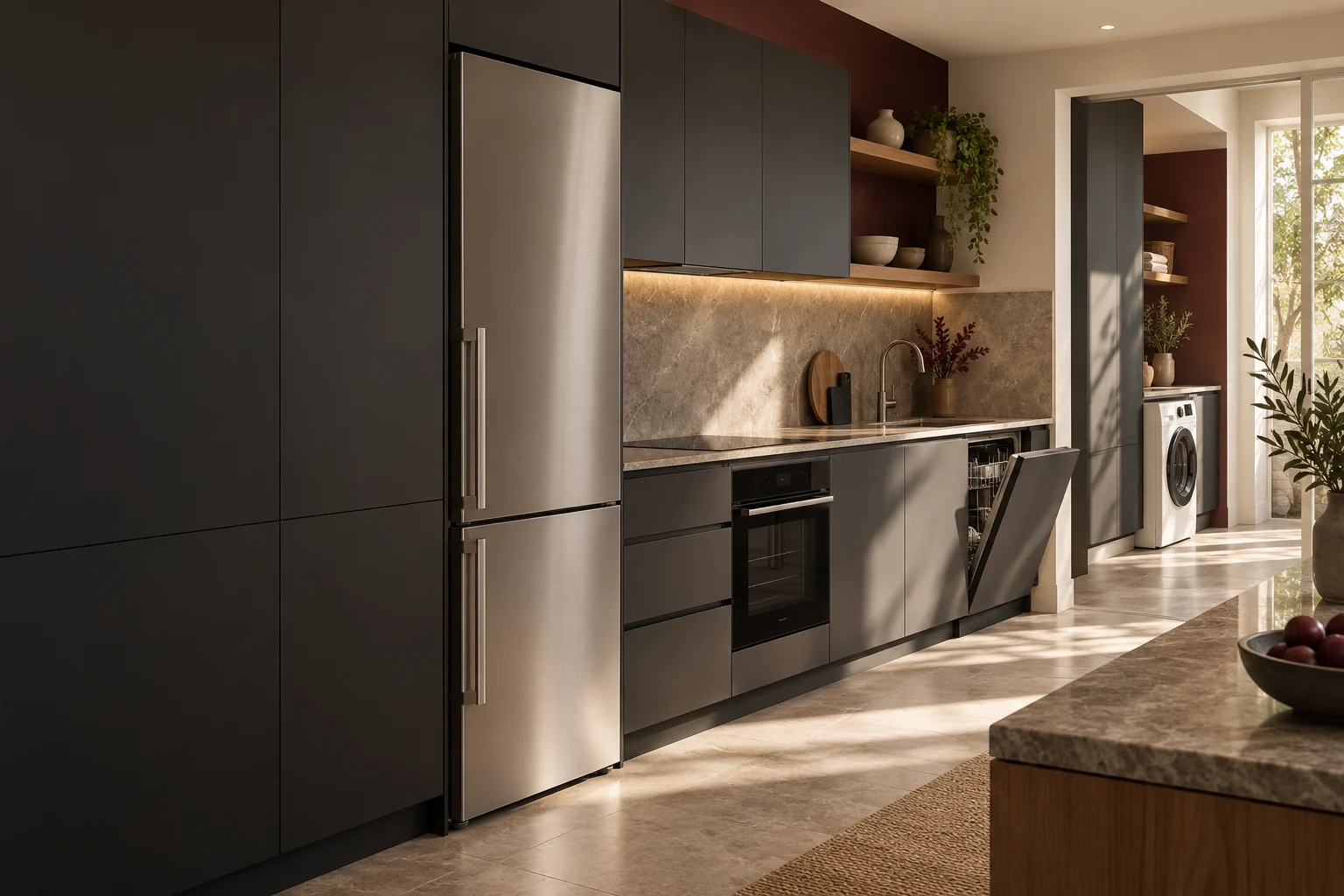 Cocina ilustrativa con horno, frigorífico y zona de lavado